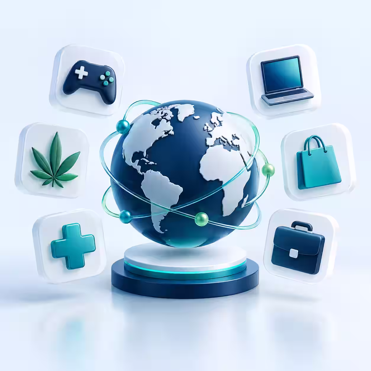 3D globe surrounded by gaming, CBD, health, technology, shopping and business symbols